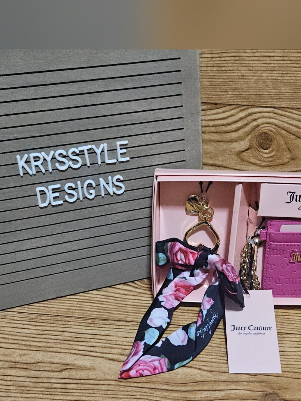 Juicy Couture Raspberry Pink Embossed Card Holder Keychain Set